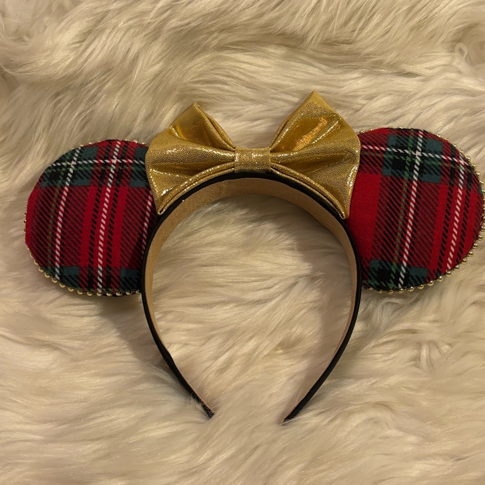 Plaid Ears Headband with Gold Bow hand crafted